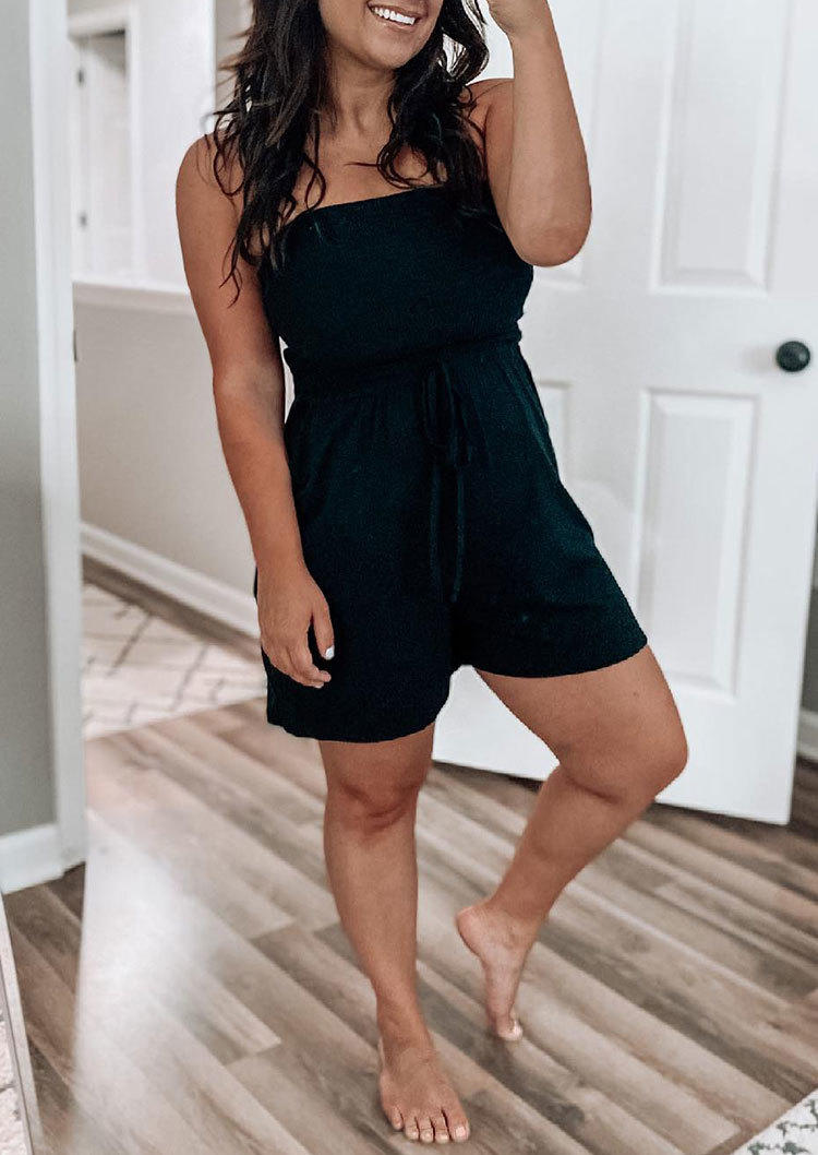 

Jumpsuits & Rompers Smocked Strapless Bandeau Pocket Romper in Black. Size