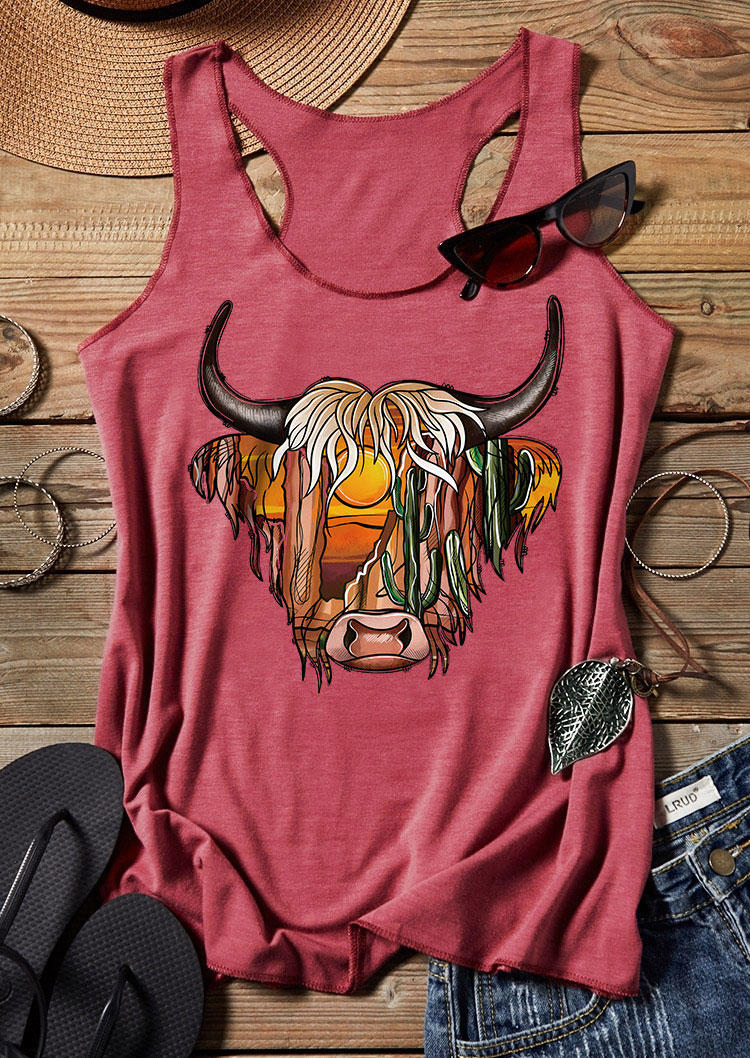

Tank Tops Highland Cattle Cactus Desert Sunset Racerback Tank Top in Brick Red. Size