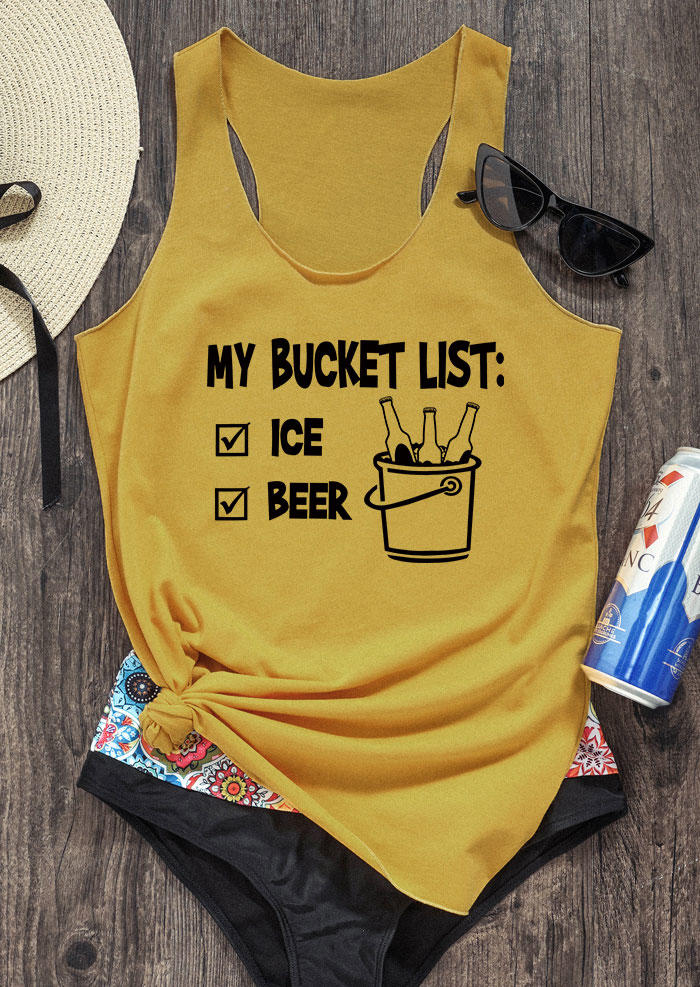 Tank Tops My Bucket List Ice And Beer Racerback Tank Top in Yellow. Size: S,M,L,XL