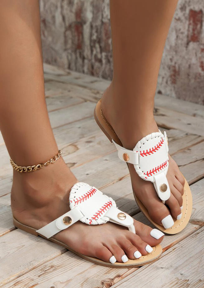 Slippers Baseball Snap Button Flat Slippers in White. Size: 37