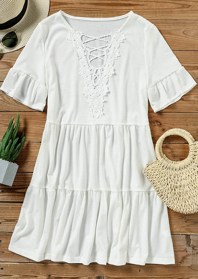 Lace Splicing Ruffled Mini Dress - White