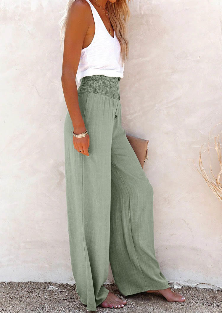 

Pants Button Smocked Elastic Waist Wide Leg Pants in Light Green. Size