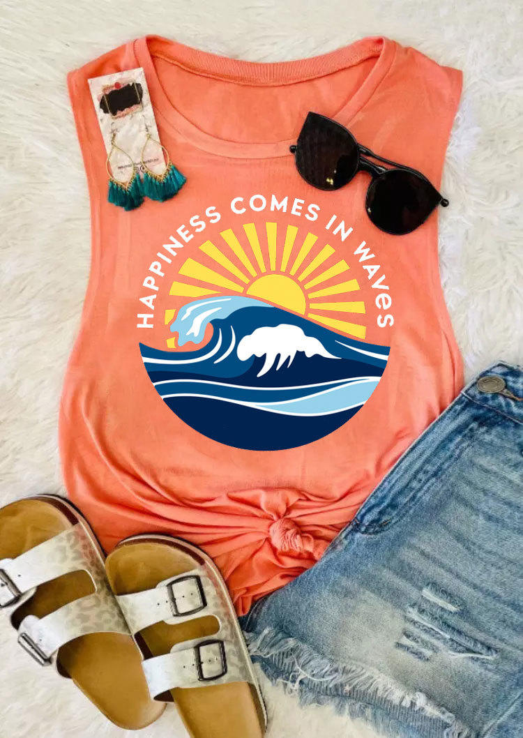 Tank Tops Happiness Comes In Waves Tank Top in Orange. Size: M