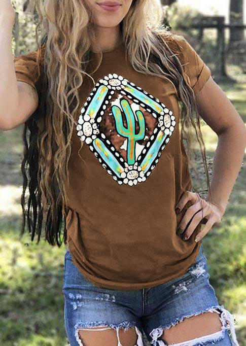 

T-shirts Tees Cow Geometric Cactus Turquoise T-Shirt Tee in Coffee. Size