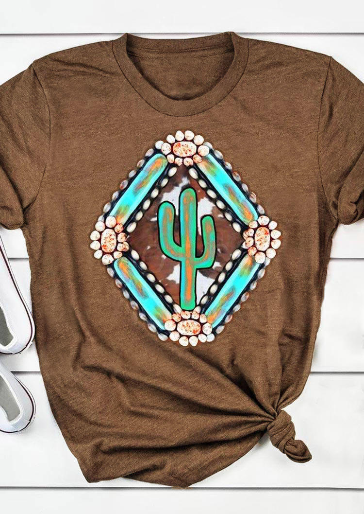 T-shirts Tees Cow Geometric Cactus Turquoise T-Shirt Tee in Coffee. Size: L,XL