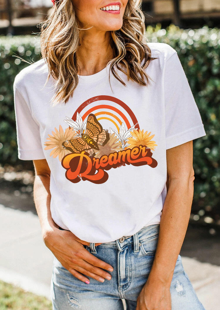 T-shirts Tees Dreamer Butterfly Sunflower Rainbow T-Shirt Tee in White. Size: L,M,S,XL
