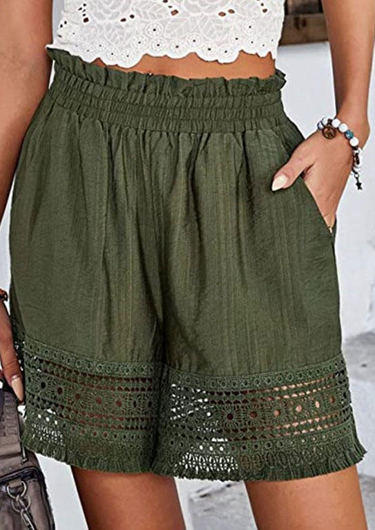 Shorts Hollow Out Pocket Elastic Waist Shorts - Army Green in Green. Size: S