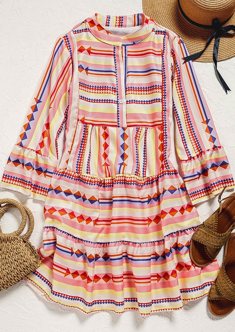 Mini Dresses Geometric Button Ruffled Mini Dress in Multicolor. Size: M,S,XL