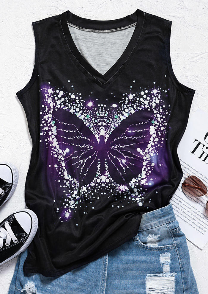Tank Tops Butterfly V-Neck Casual Tank Top in Black. Size: L