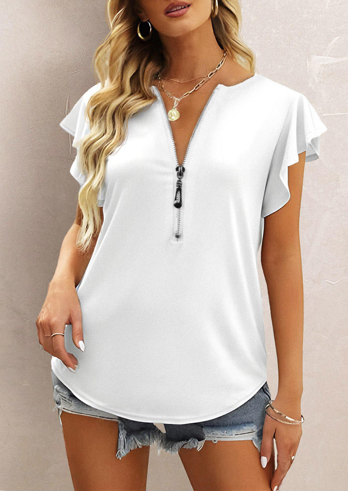 

Blouses Ruffled Zipper Cap Sleeve Blouse in White. Size: ,L