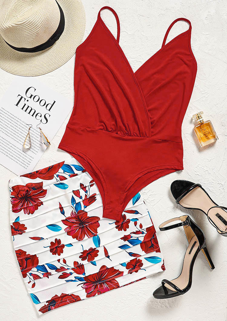 Ruffled Open Back V-Neck Bodysuit And Floral Mini Skirt Outfit
