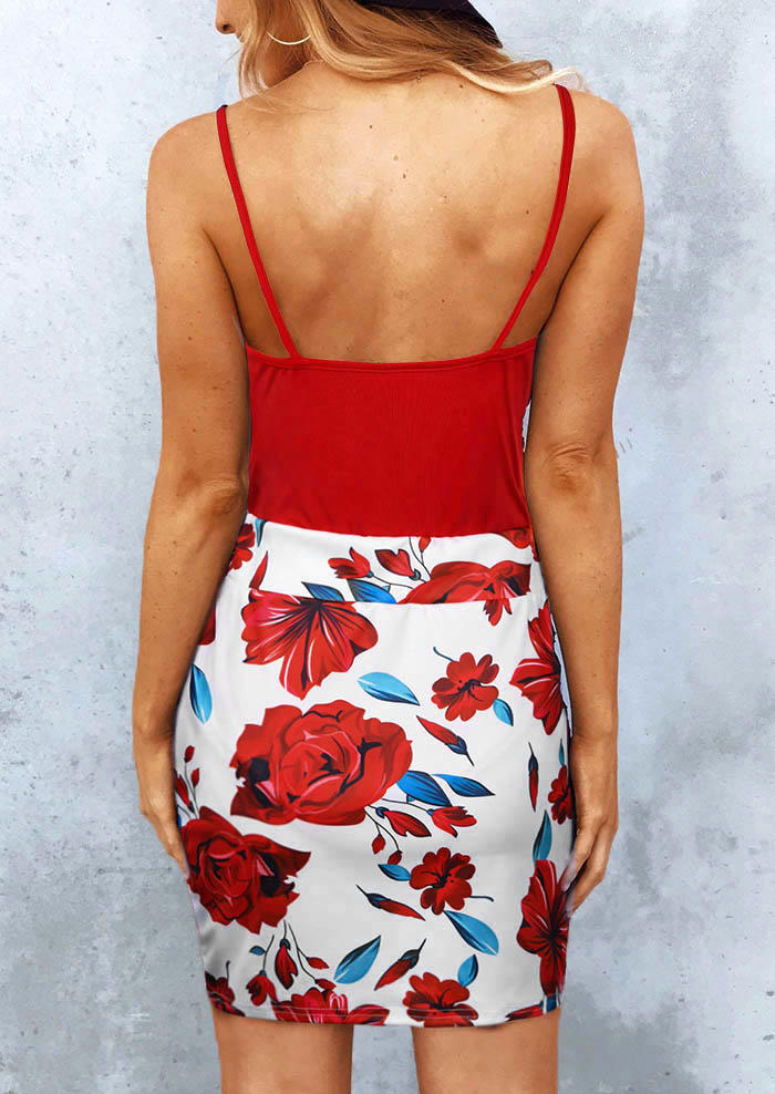Two-piece Dresses Ruffled Open Back V-Neck Bodysuit And Floral Mini Skirt Outfit in Red. Size: M