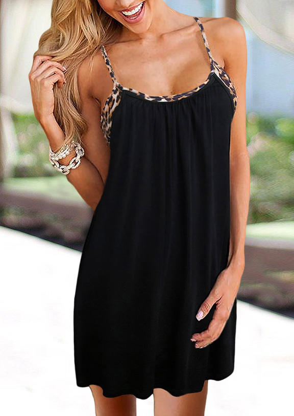 Mini Dresses Leopard Hollow Out Sleeveless Mini Dress in Black. Size: XL