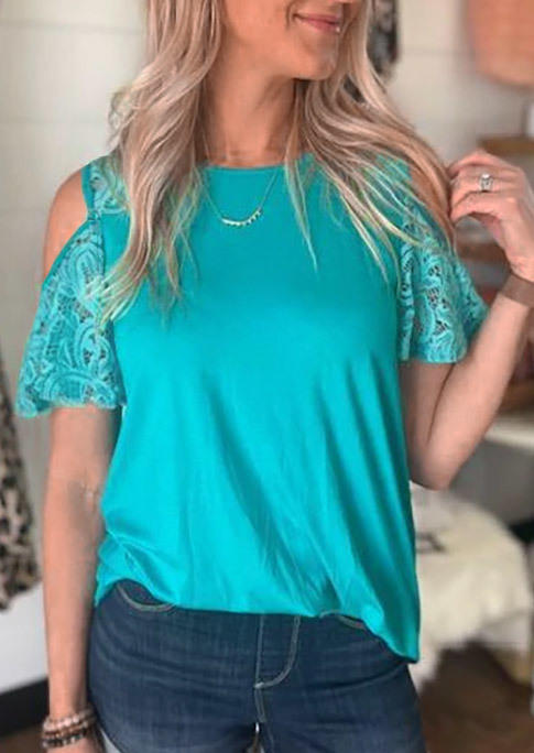 Lace Splicing Cold Shoulder Blouse - Lake Blue