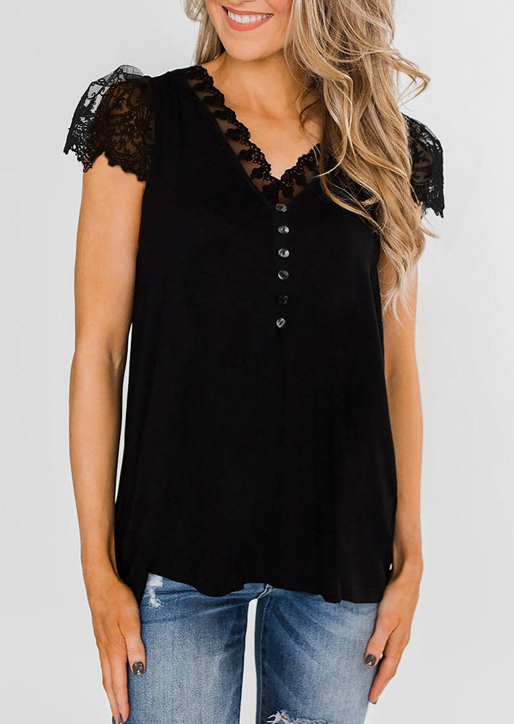 Blouses Lace Splicing Button Casual Blouse in Black. Size: S,XL