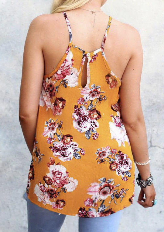 Tank Tops Lace Splicing Floral Button Hollow Out Camisole in Yellow. Size: L,M,S