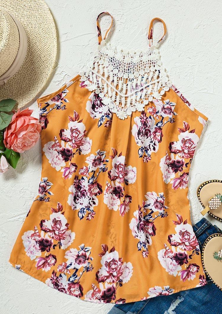 Lace Splicing Floral Button Hollow Out Camisole - Yellow
