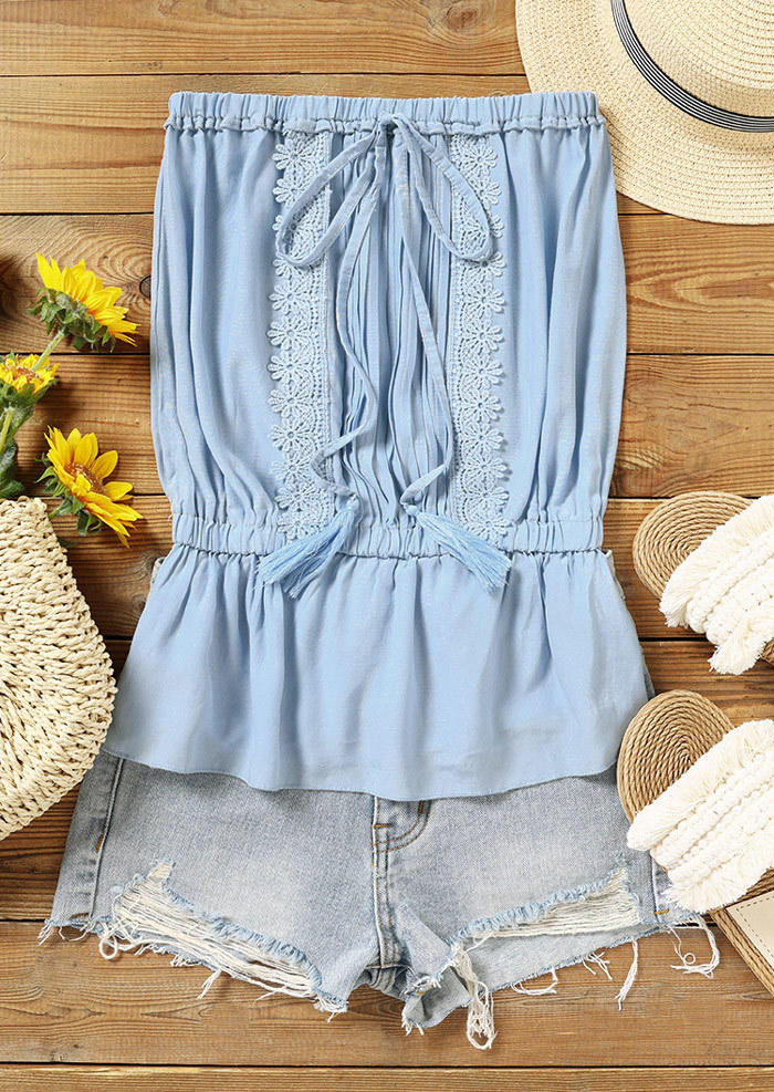 Tank Tops Lace Ruffled Strapless Bandeau Tank Top - Light Blue in Blue. Size: L,M,S,XL