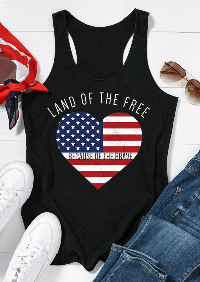 

Tank Tops Land Of The Free Because Of The Brave American Flag Heart Racerback Tank Top in Black. Size
