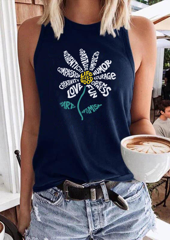 Tank Tops Life Is Good Daisy O-Neck Tank Top in Navy Blue. Size: S,M,L,XL
