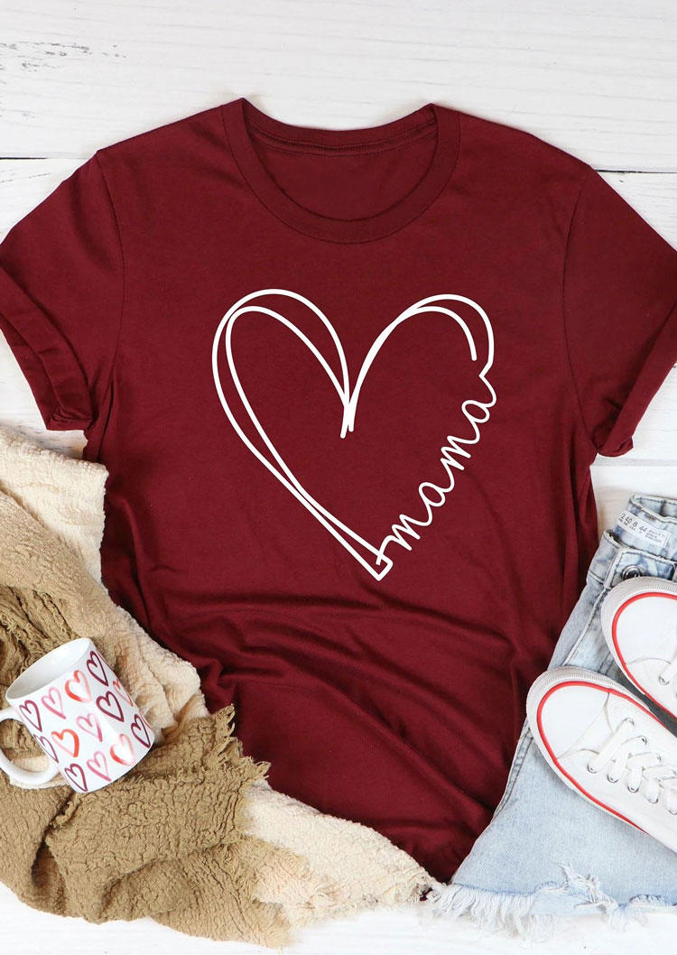 

T-shirts Tees Mama Heart O-Neck T-Shirt Tee in Burgundy. Size