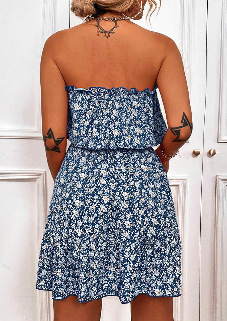

Mini Dresses Floral Ruffled Strapless Bandeau Mini Dress in Blue. Size