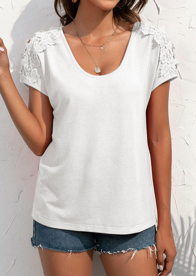 Blouses Lace Hollow Out Short Sleeve Blouse in White. Size: S,M,L,XL