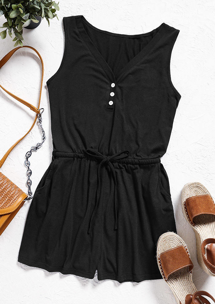 

Jumpsuits & Rompers Button Drawstring Pocket Romper in Black. Size
