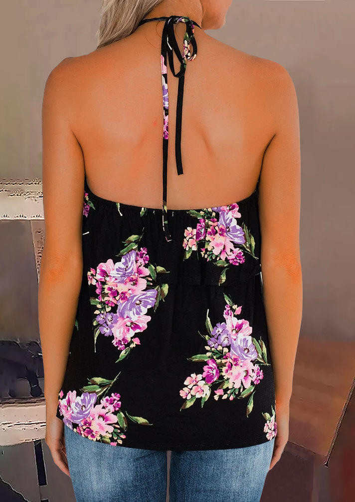

Tank Tops Floral Halter Tie Camisole in Black. Size