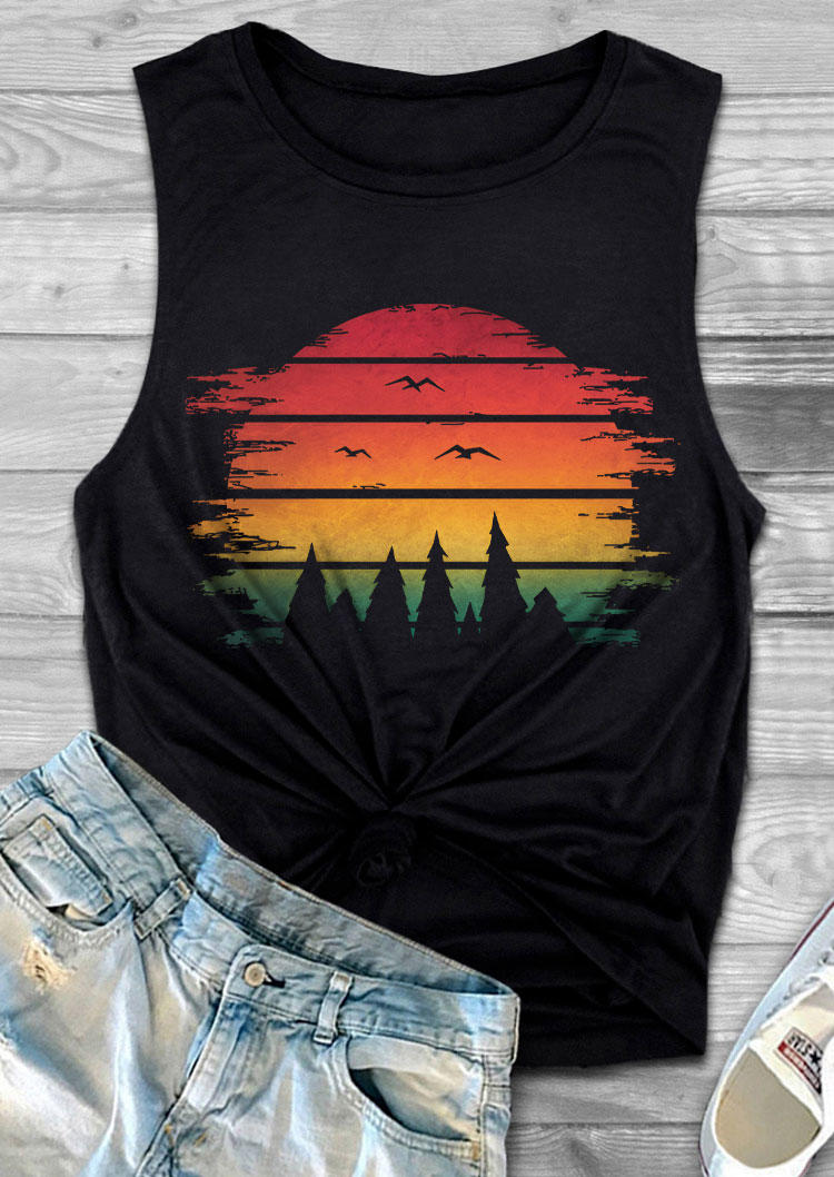 Tank Tops Sunset Forest O-Neck Tank Top in Black. Size: S,M,L,XL