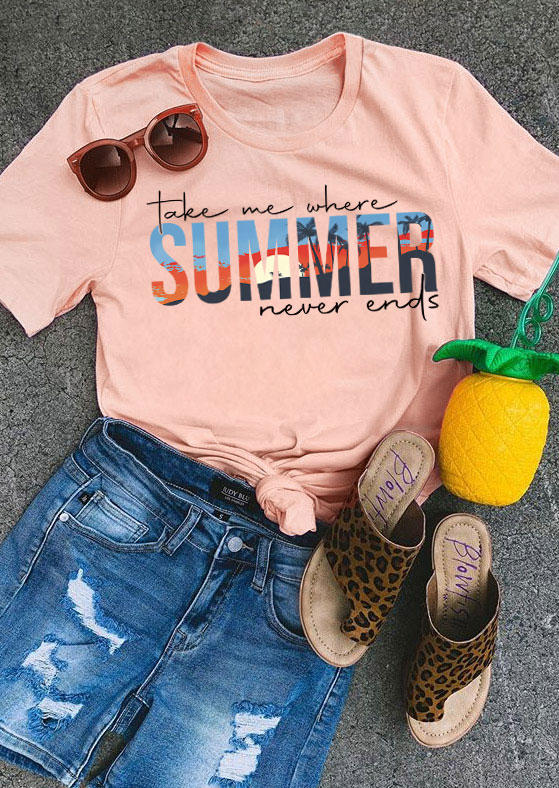 T-shirts Tees Take Me Where Summer Never Ends T-Shirt Tee in Pink. Size: 2XL,3XL