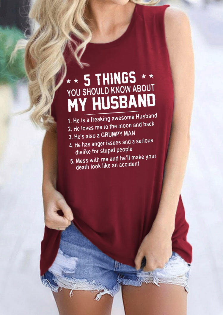 Tank Tops 5 Things You Should Know About My Husband Tank Top in Burgundy. Size: S,M,L