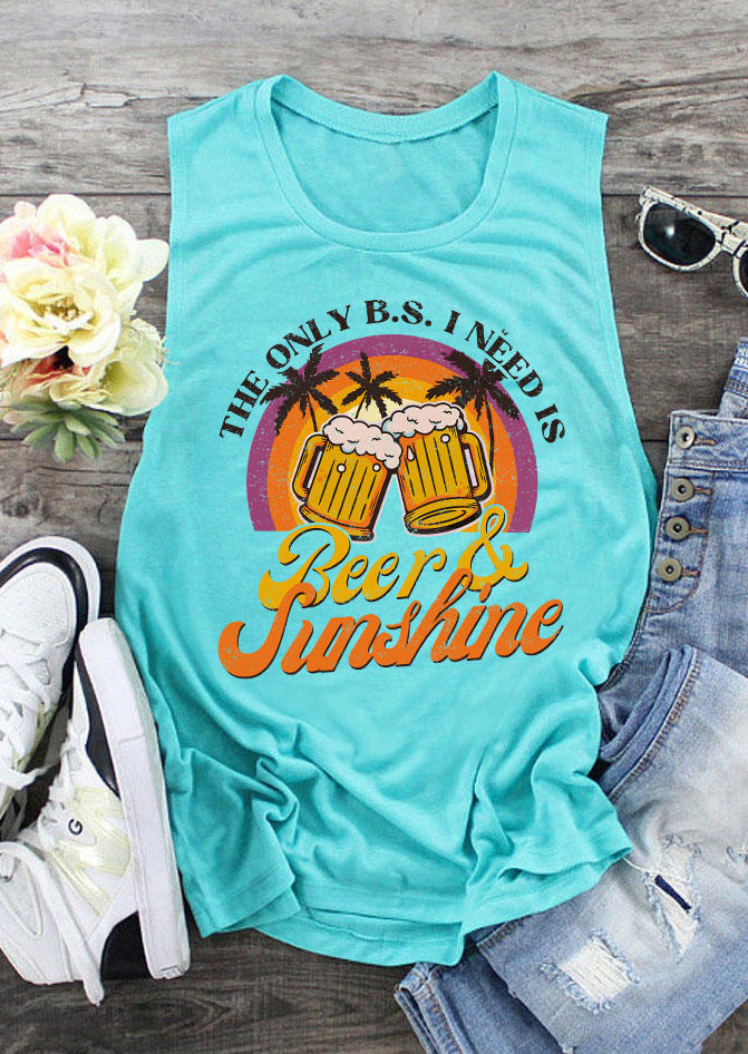 Tank Tops The Only B.S. I Need Is Beer & Sunshine Rainbow Tank Top - Cyan in Blue. Size: L,S,XL