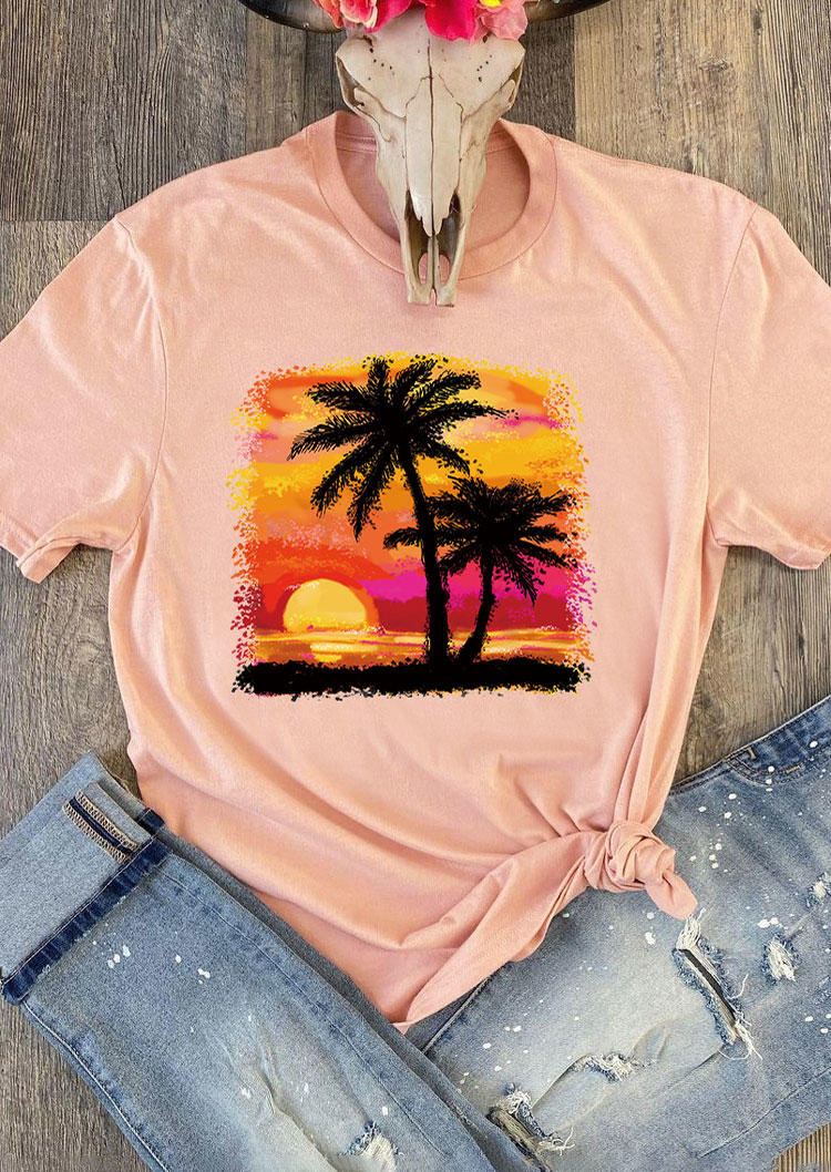 Summer Sunset Coconut Tree T-Shirt Tee - Pink