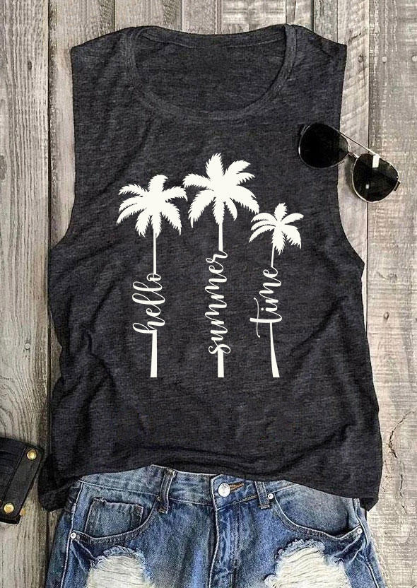 

Tank Tops Hello Summer Time Coconut Tree Tank Top in Dark Grey. Size: ,M,L,XL
