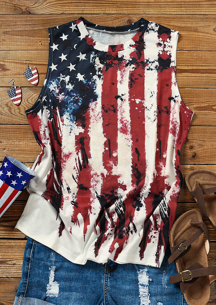 Tank Tops American Flag O-Neck Casual Tank Top in Multicolor. Size: S,M,L,XL