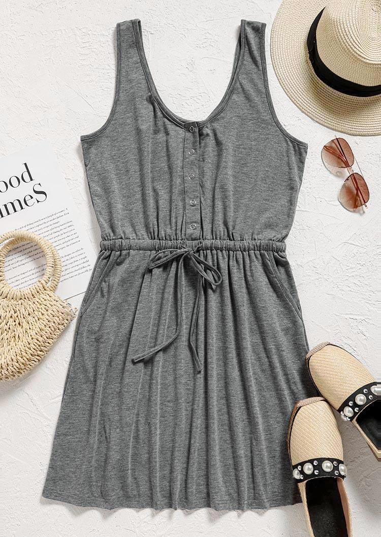 Snap Button Pocket Drawstring Sleeveless Mini Dress - Gray