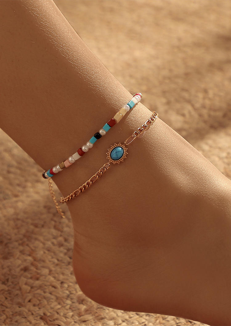 Body Jewelry 2Pcs Turquoise Colorful Beading Anklet Set in Gold. Size: One Size