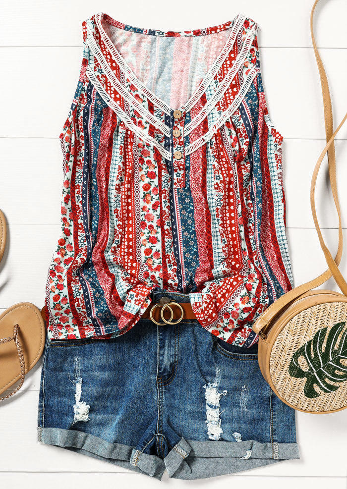 

Tank Tops Floral Button V-Neck Tank Top in Multicolor. Size