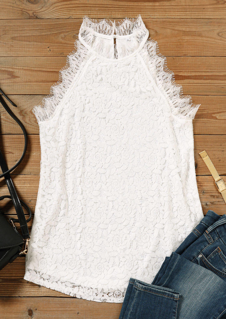 Tank Tops Lace Cut Out Casual Tank Top in White. Size: M,S,XL