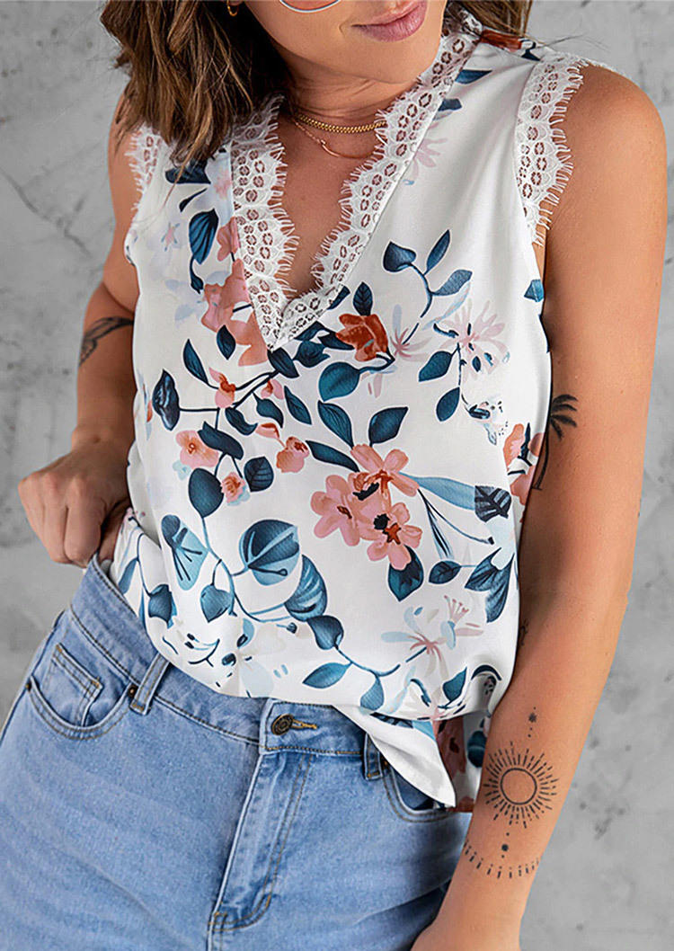 

Tank Tops Lace Splicing Floral V-Neck Tank Top in White. Size