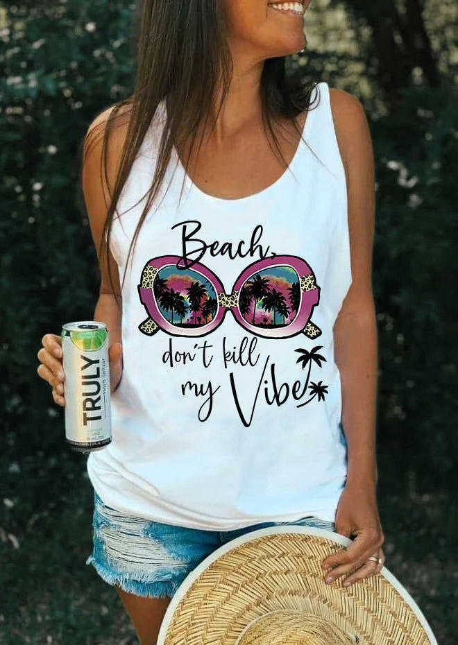 

Tank Tops Beach Don't My Vibe Leopard Coconut Tree Racerback Tank Top in White. Size