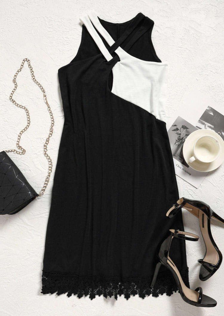 

Mini Dresses Color Block Lace Criss-Cross Mini Dress in Black. Size