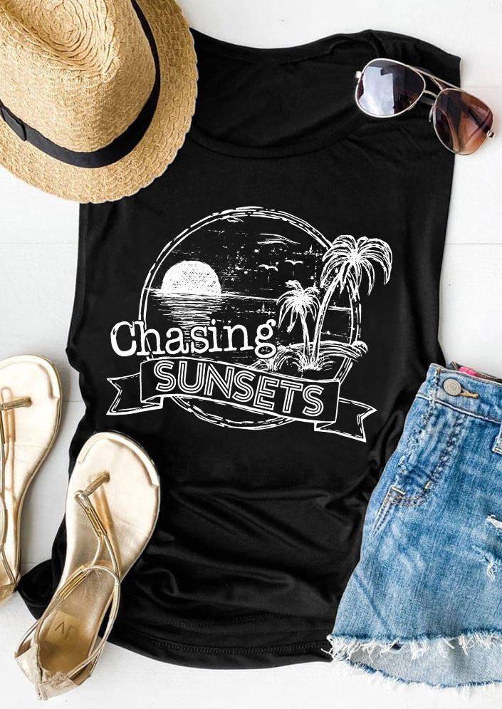 

Tank Tops Chasing Sunsets Coconut Tree Casual Tank Top in Black. Size