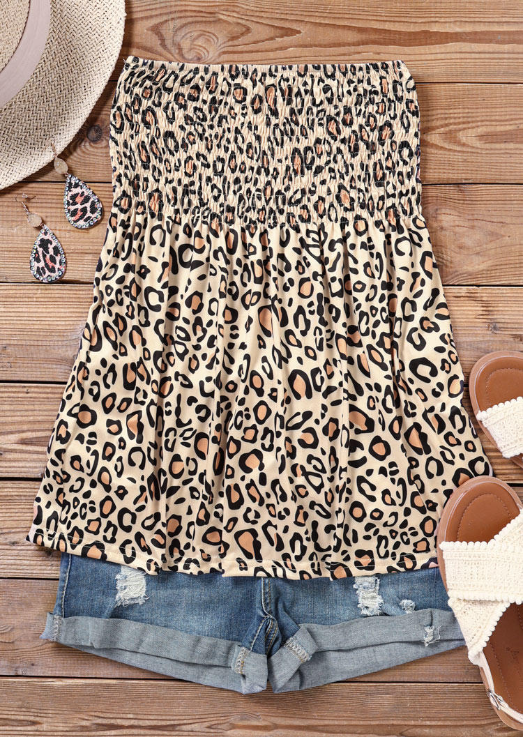 Tank Tops Leopard Smocked Strapless Bandeau Tank Top in Multicolor. Size: 2XL,3XL,L,M,S,XL