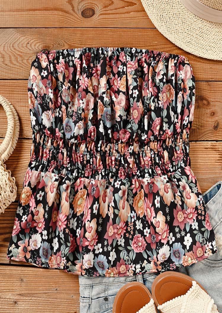 Tank Tops Floral Smocked Ruffled Strapless Bandeau Tank Top in Black. Size: S
