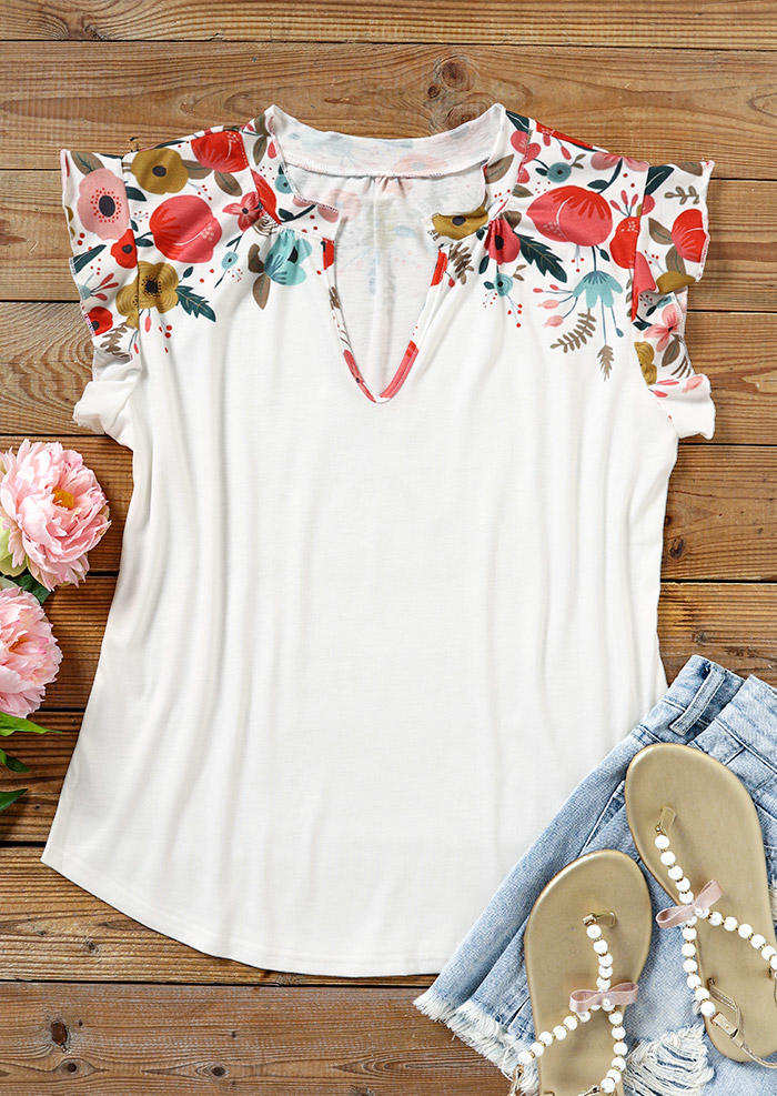 Floral Ruffled Notched Neck Blouse - White