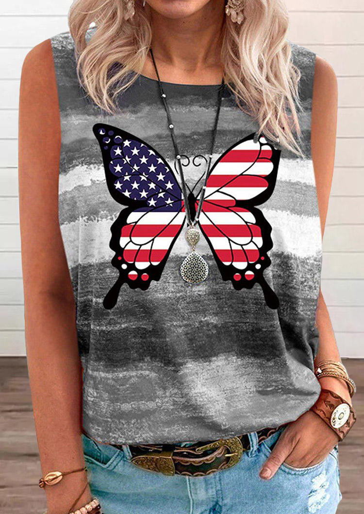 American Flag Butterfly O-Neck Tank - Gray 534664