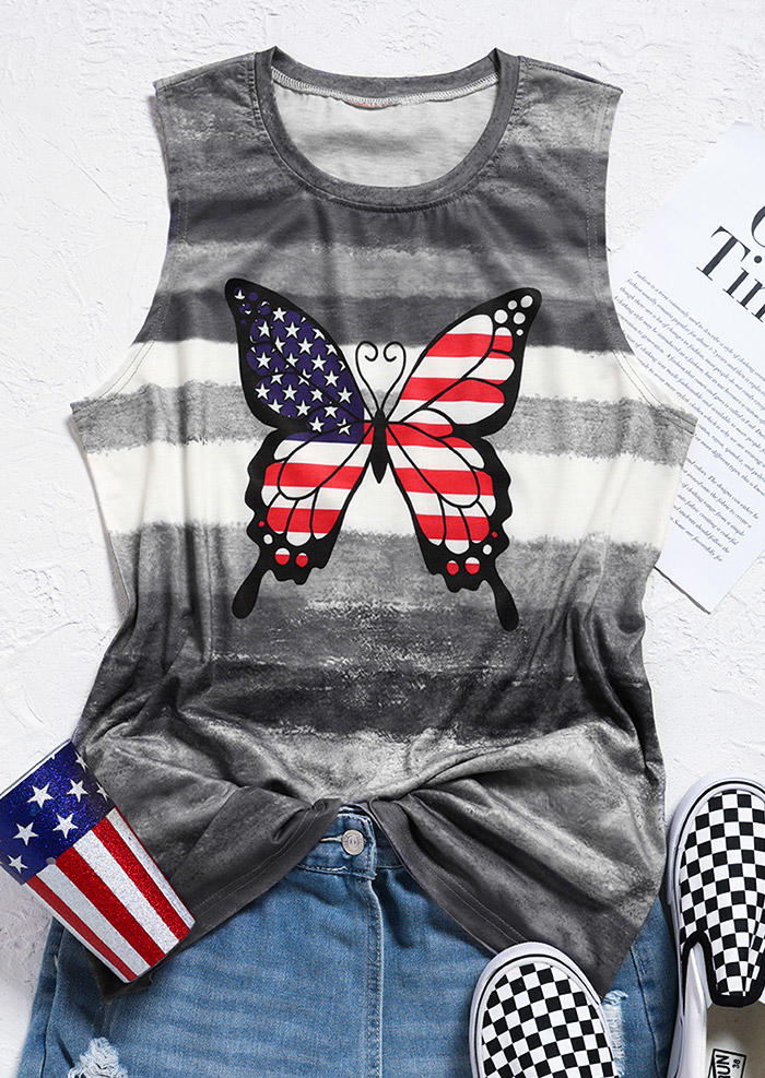 

Tank Tops American Flag Butterfly O-Neck Tank Top in Gray. Size: ,XL
