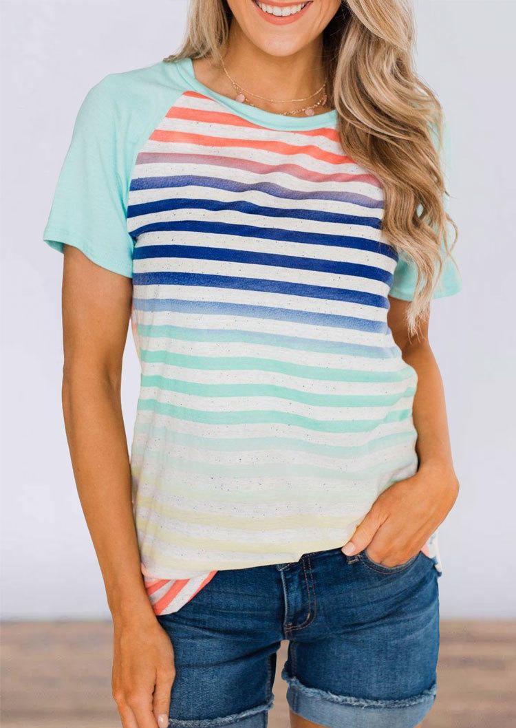 

Blouses Gradient Striped Short Sleeve O-Neck Blouse in Multicolor. Size